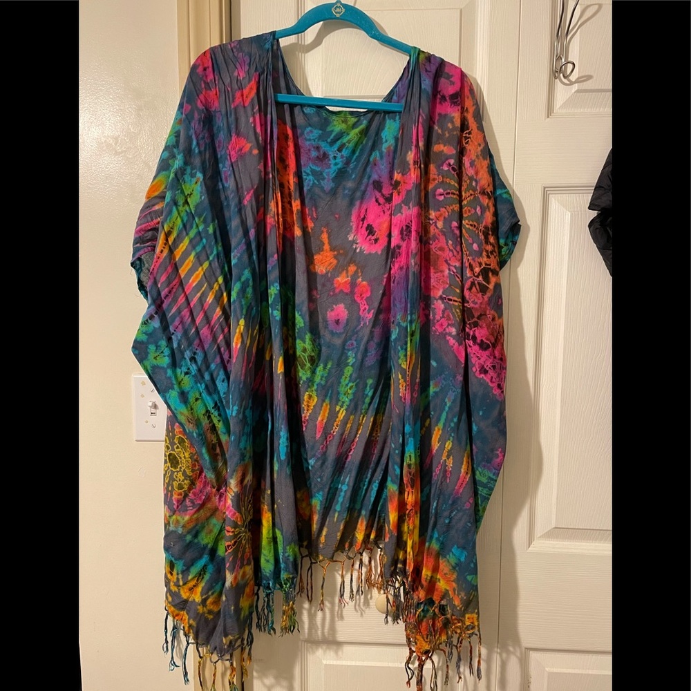 Tie-dyed open front poncho
